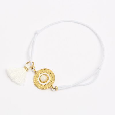 Bracelet élastique cordon avec rosace en acier et pompon couleur blanc