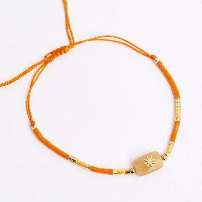 Bracelet acier avec cordon orange petite perles facettes et pierre naturelle